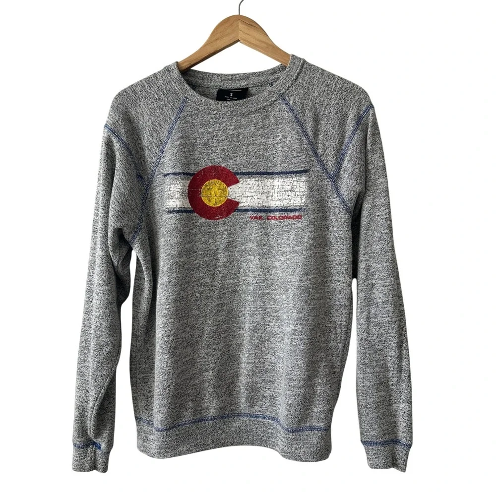 Vail Resort Wear Colorado Flag Sweatshirt Gray Raglan Crew Neck Small